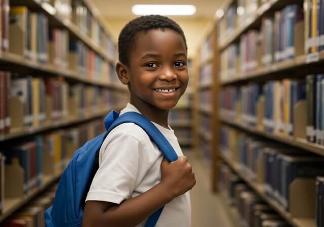 Student with backpack in a library setting