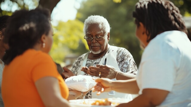 Community members sharing food during outreach